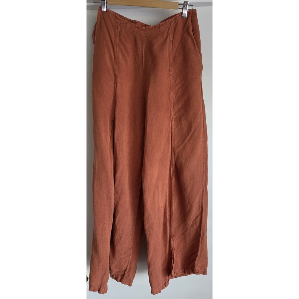 YFB Women's Linen Capri Pants Size M Brown Casual Cropped Trousers Open Front
